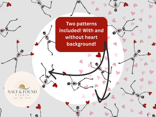 Hand Drawn Skeleton Heart Seamless Pattern