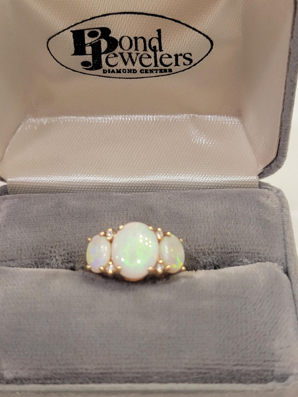 Vintage 14k Gold Opal and Diamond Three Stone Ring