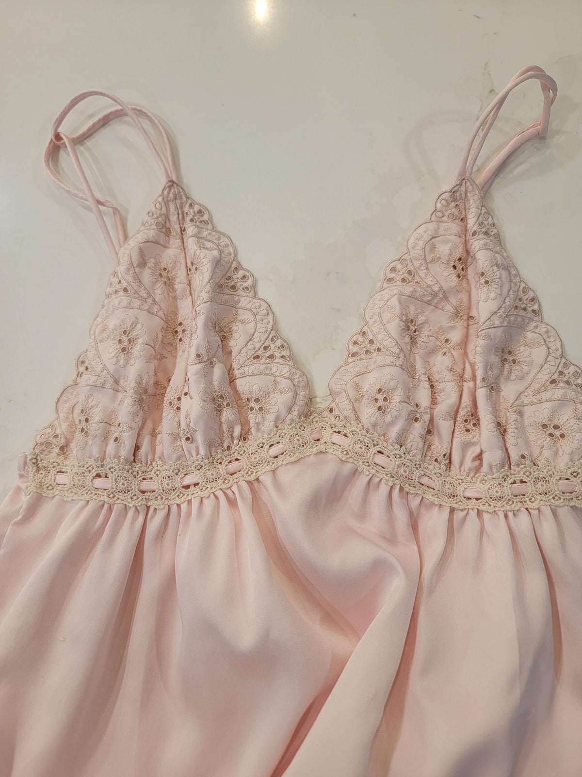 Vintage Pastel Pink Lace Maxi Nightgown - Elegant Empire Waist Slip Dress with Floral Sheer Lace Bust - Coquette Romantic Sleepwear Lingerie