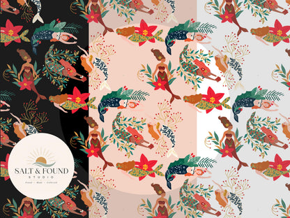 Merry Mermaid Christmas Seamless Pattern
