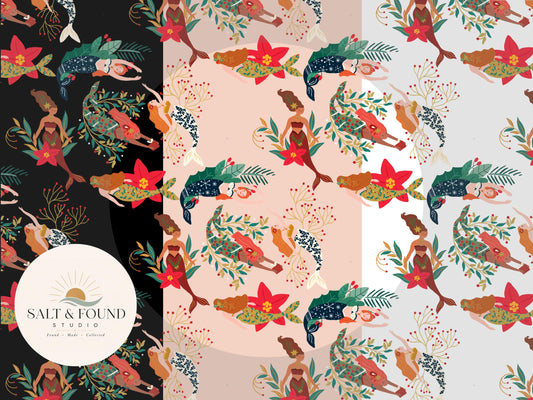 Merry Mermaid Christmas Seamless Pattern