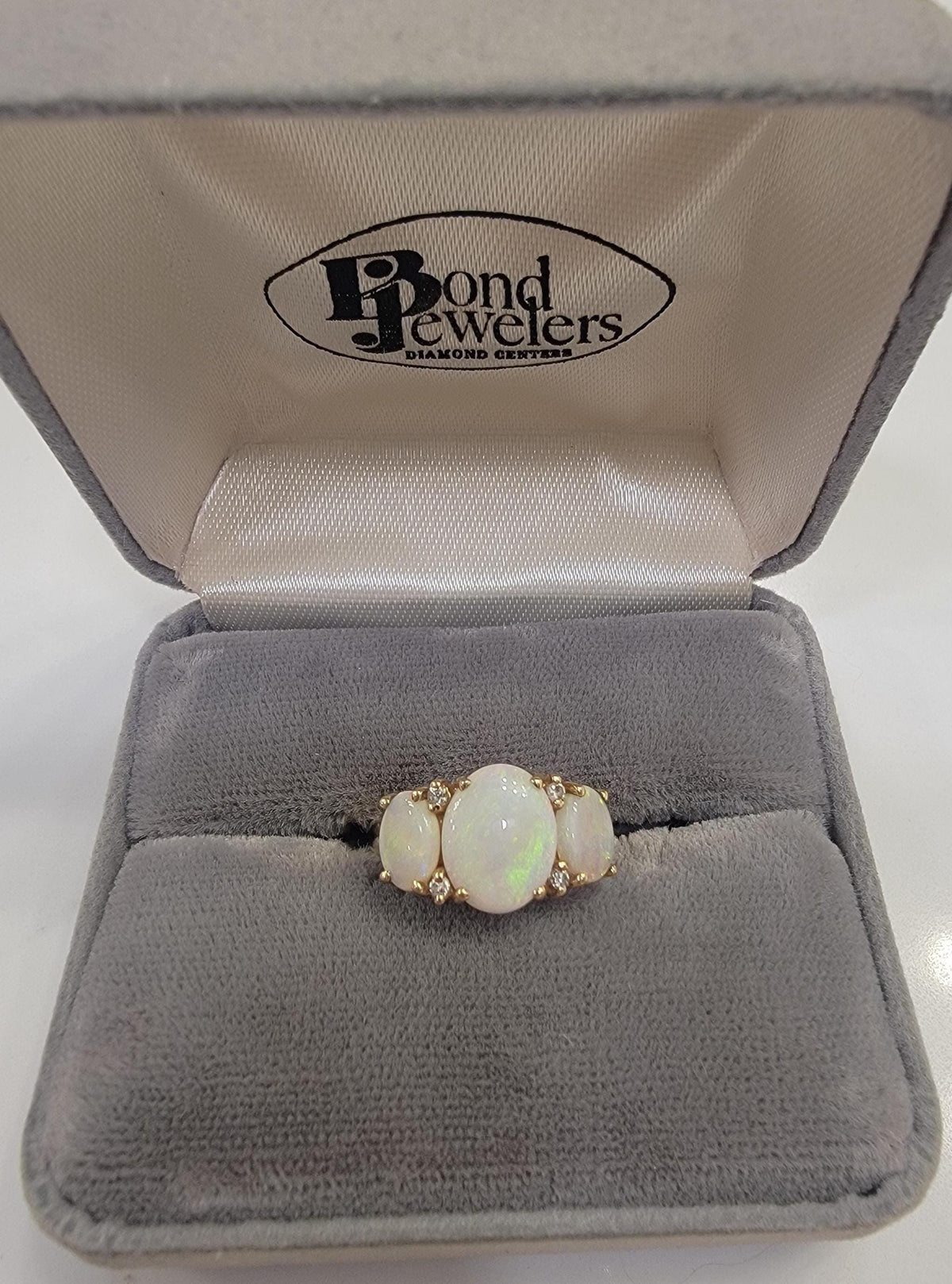 Vintage 14k Gold Opal and Diamond Three Stone Ring