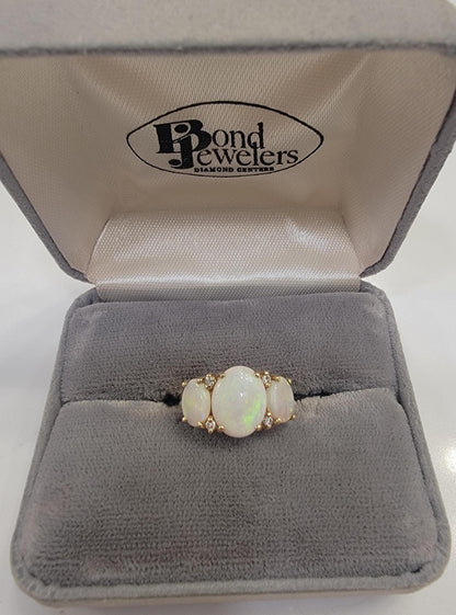 Vintage 14k Gold Opal and Diamond Three Stone Ring
