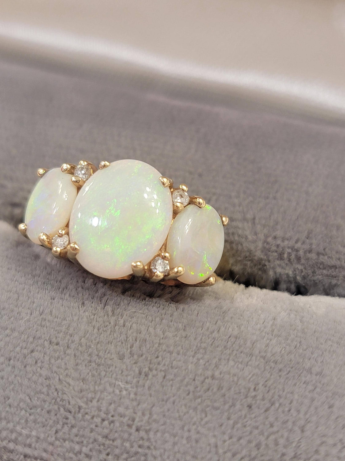 Vintage 14k Gold Opal and Diamond Three Stone Ring