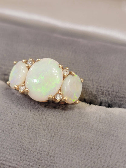 Vintage 14k Gold Opal and Diamond Three Stone Ring