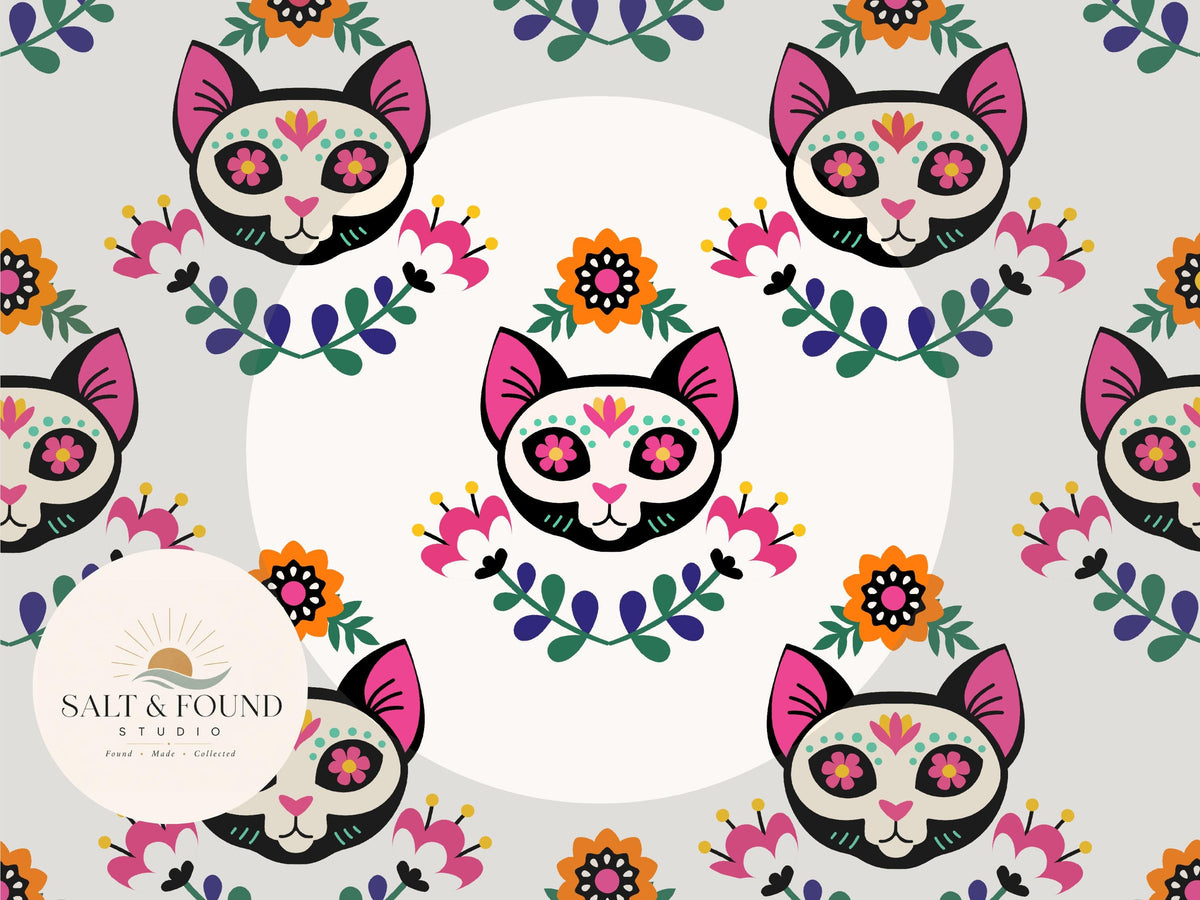 Sugar Skull Cat Seamless Pattern