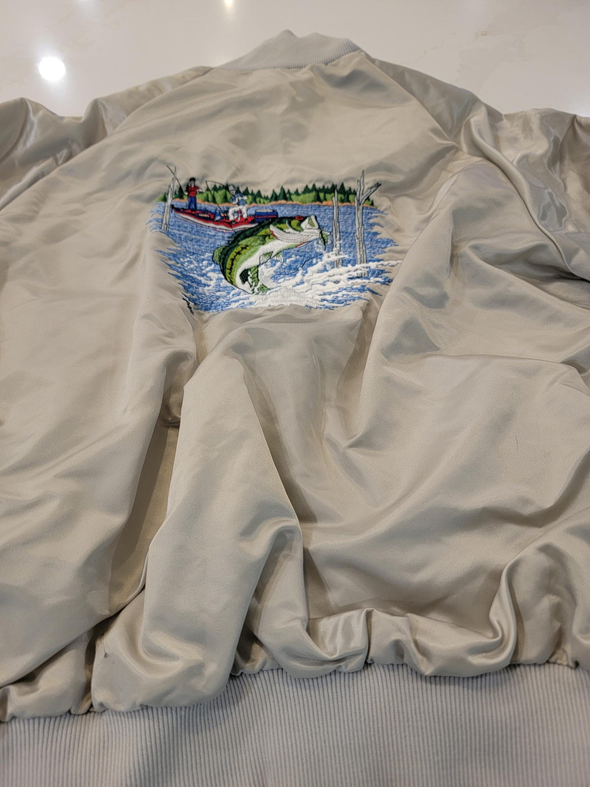 Vintage Bass Fishing Jacket Light Gray Satin Bomber
