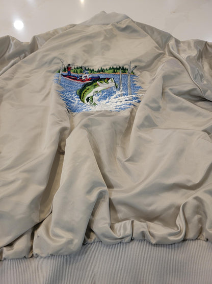 Vintage Bass Fishing Jacket Light Gray Satin Bomber