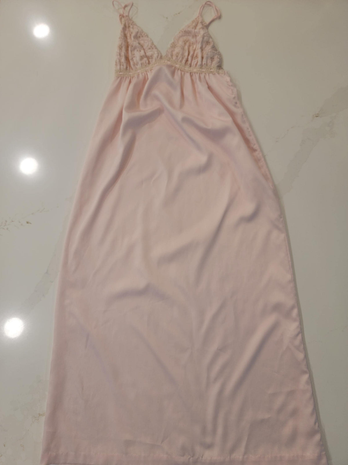 Vintage Pastel Pink Lace Maxi Nightgown - Elegant Empire Waist Slip Dress with Floral Sheer Lace Bust - Coquette Romantic Sleepwear Lingerie