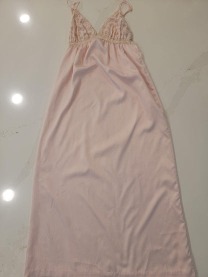 Vintage Pastel Pink Lace Maxi Nightgown - Elegant Empire Waist Slip Dress with Floral Sheer Lace Bust - Coquette Romantic Sleepwear Lingerie