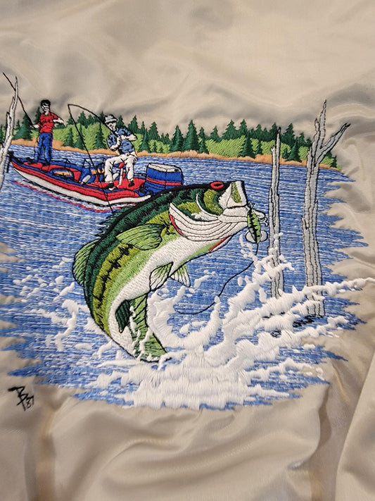 Vintage Bass Fishing Jacket Light Gray Satin Bomber