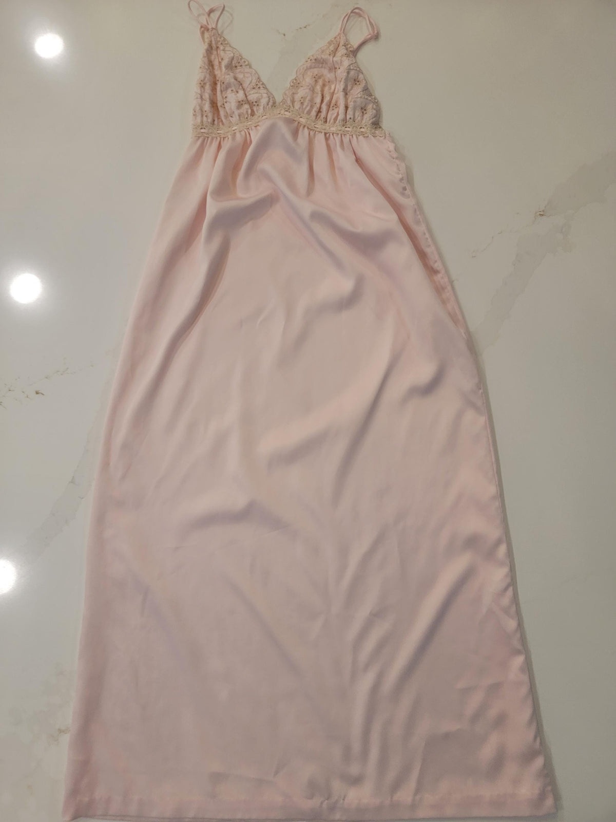 Vintage Pastel Pink Lace Maxi Nightgown - Elegant Empire Waist Slip Dress with Floral Sheer Lace Bust - Coquette Romantic Sleepwear Lingerie
