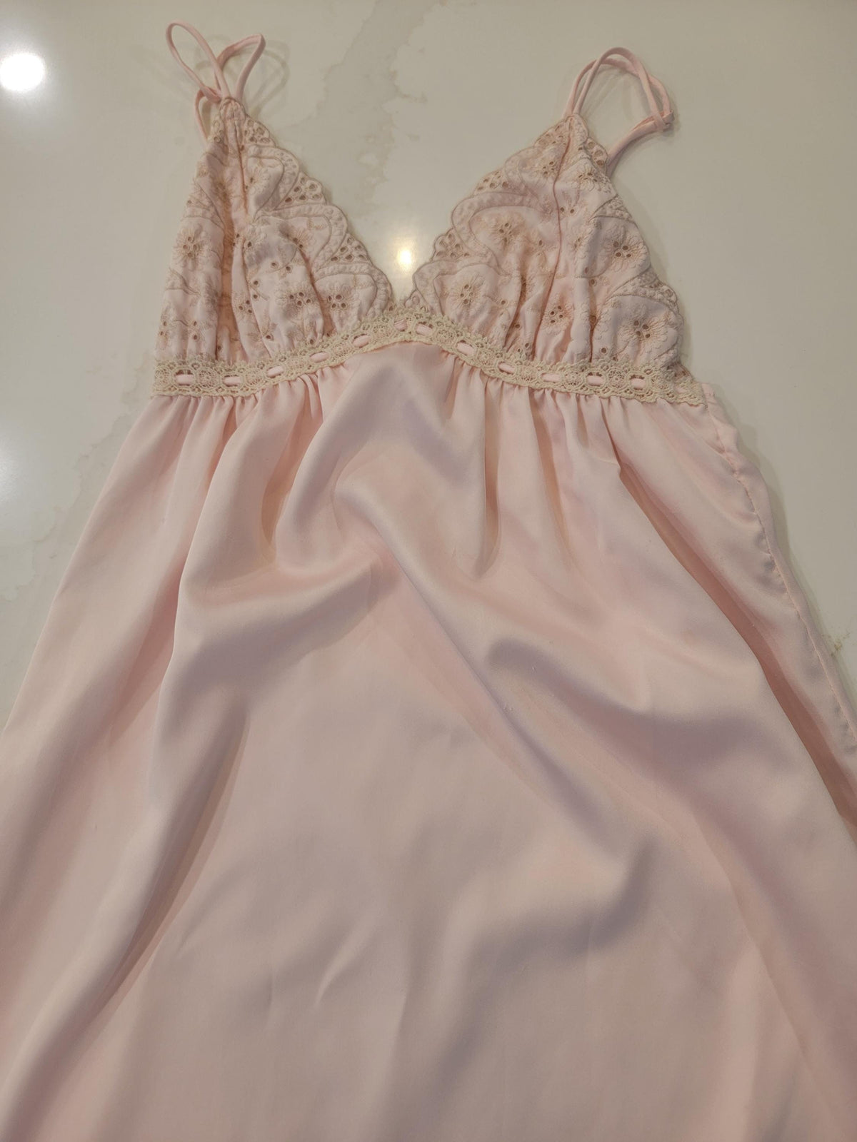 Vintage Pastel Pink Lace Maxi Nightgown - Elegant Empire Waist Slip Dress with Floral Sheer Lace Bust - Coquette Romantic Sleepwear Lingerie