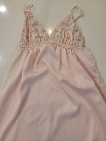 Vintage Pastel Pink Lace Maxi Nightgown - Elegant Empire Waist Slip Dress with Floral Sheer Lace Bust - Coquette Romantic Sleepwear Lingerie