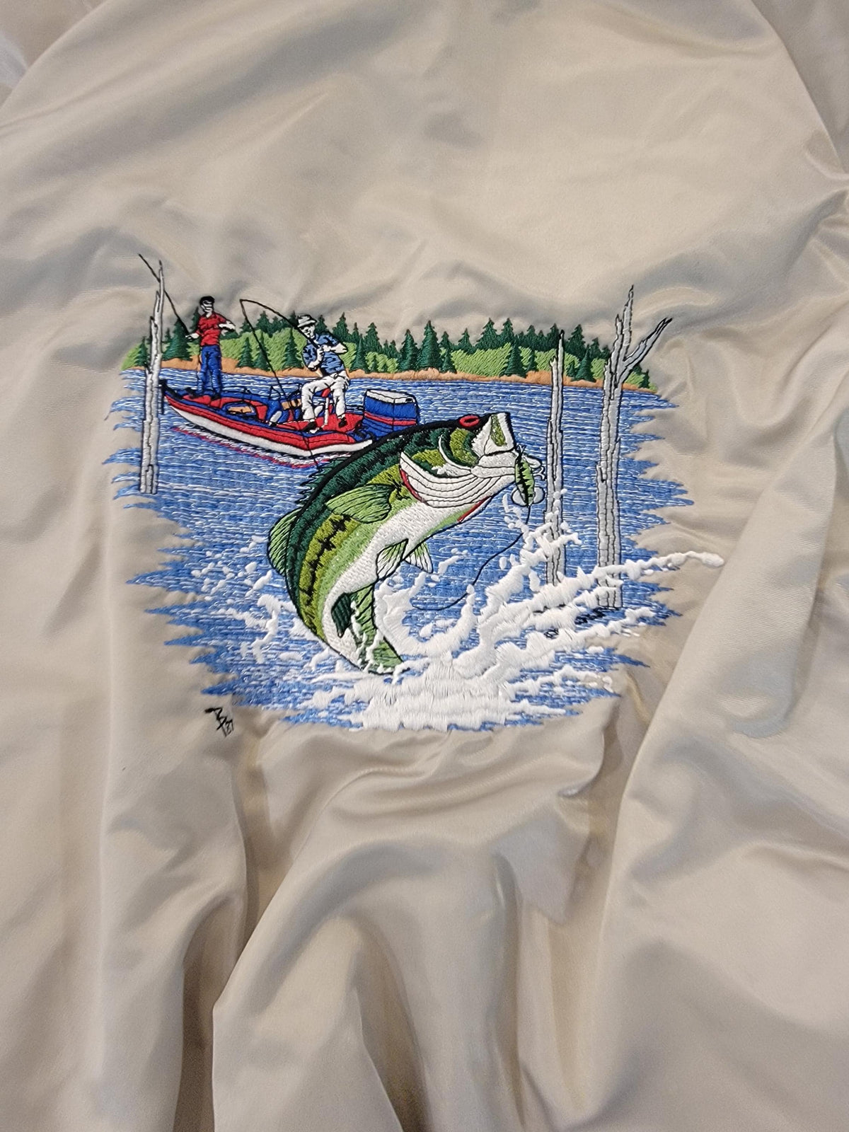 Vintage Bass Fishing Jacket Light Gray Satin Bomber