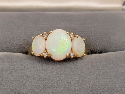Vintage 14k Gold Opal and Diamond Three Stone Ring