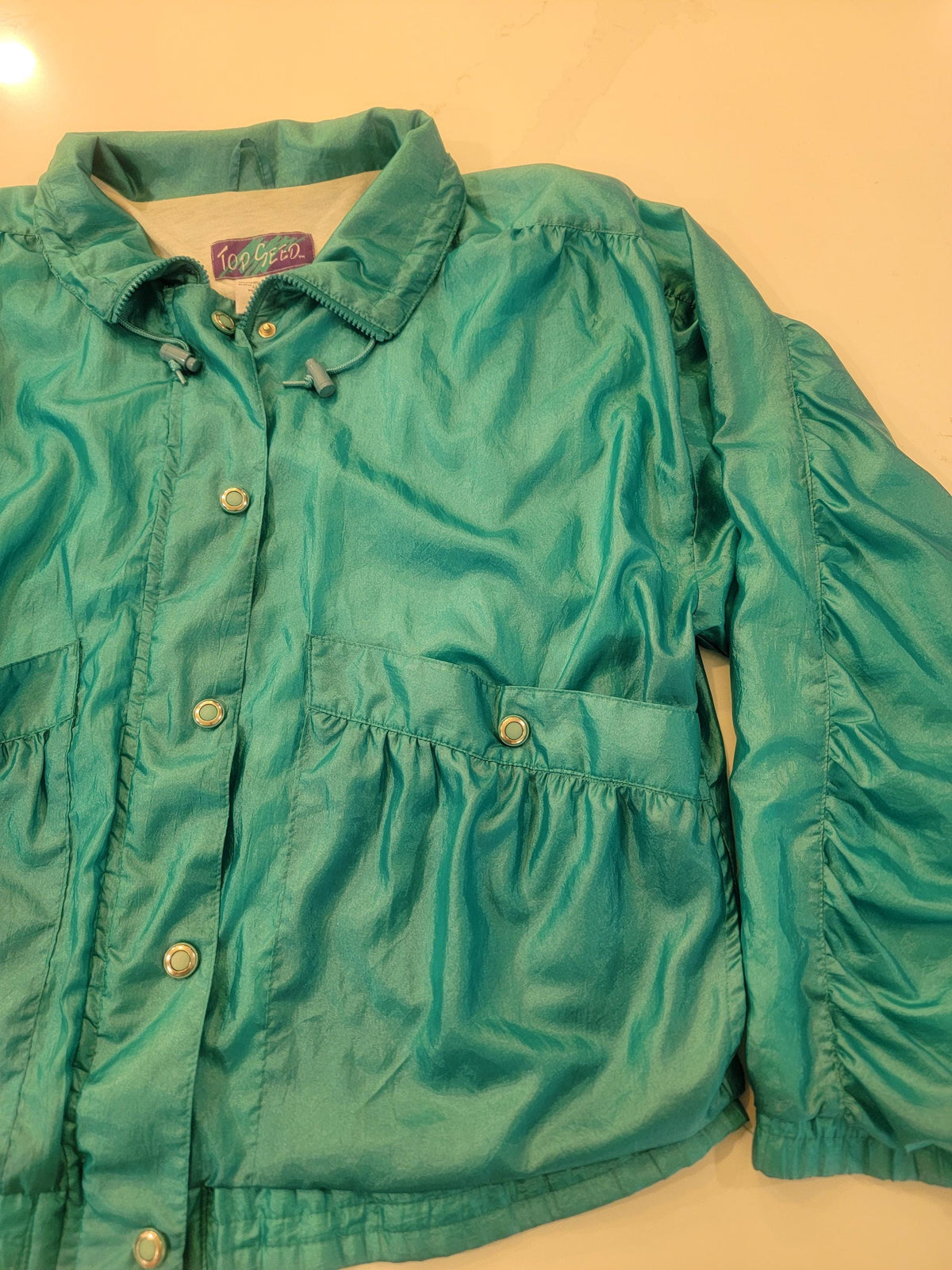 Vintage Top Seed Teal Windbreaker Jacket 80s Crinkle Nylon Shell Coat XL