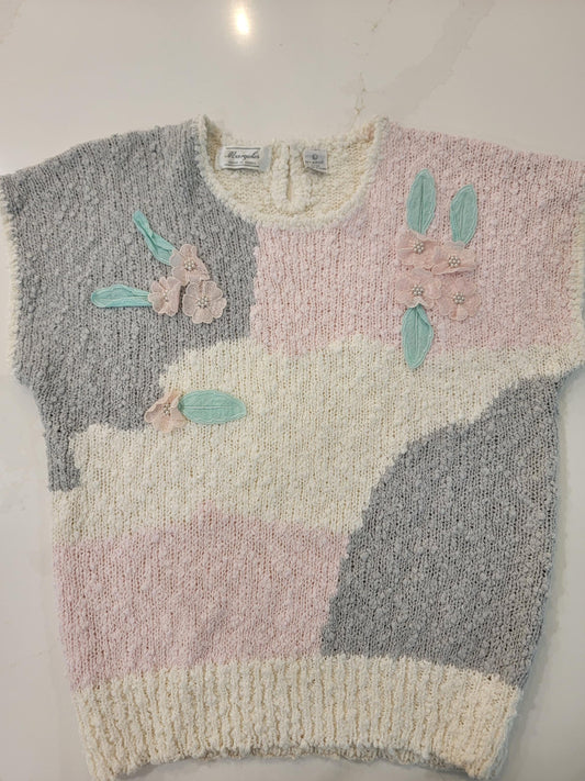 1980s Margules Sweater Vest: Pastel Colorblock, Floral Applique, Popcorn Knit Top