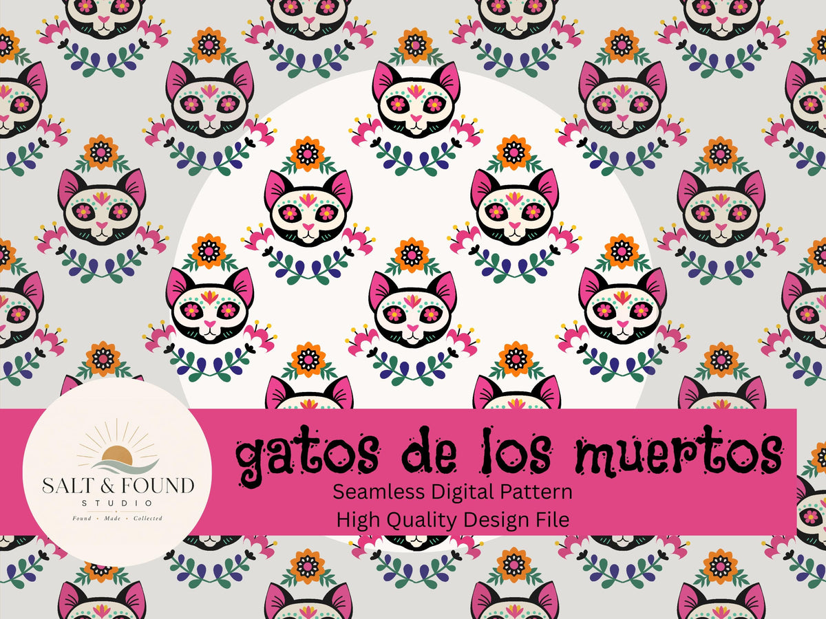 Sugar Skull Cat Seamless Pattern