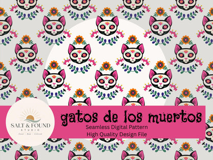 Sugar Skull Cat Seamless Pattern
