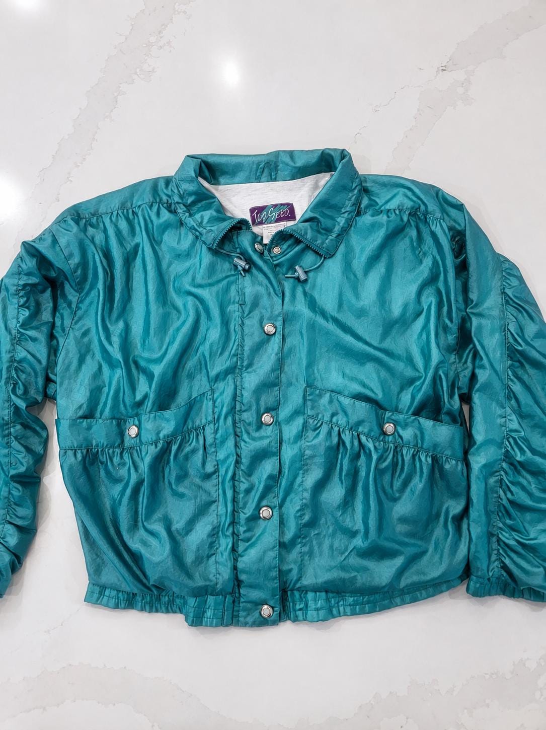 Vintage Top Seed Teal Windbreaker Jacket 80s Crinkle Nylon Shell Coat XL