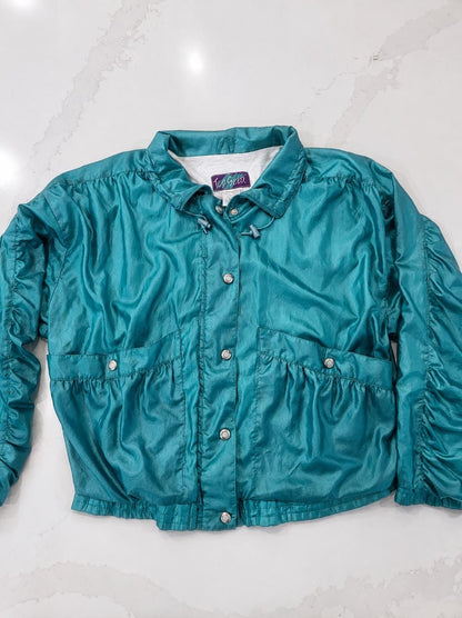 Vintage Top Seed Teal Windbreaker Jacket 80s Crinkle Nylon Shell Coat XL