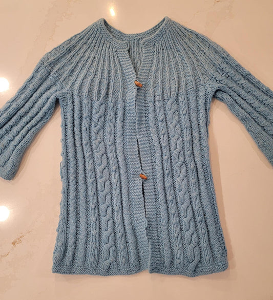 Vintage 1970s Blue Hand-Knit Cable and Bobble stitch Cardigan Sweater with Wooden Toggle Closures S/M