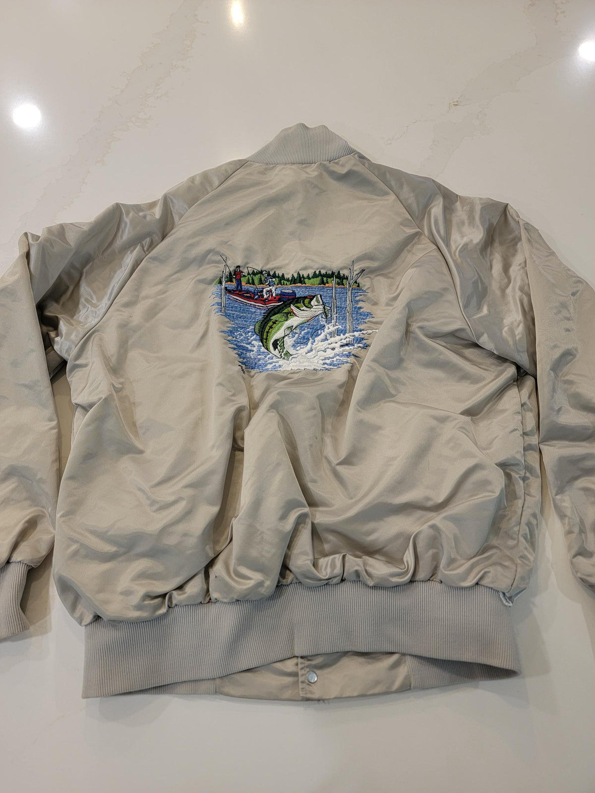 Vintage Bass Fishing Jacket Light Gray Satin Bomber