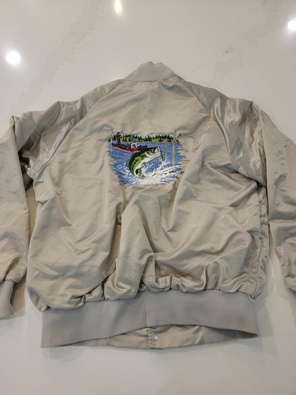 Vintage Bass Fishing Jacket Light Gray Satin Bomber