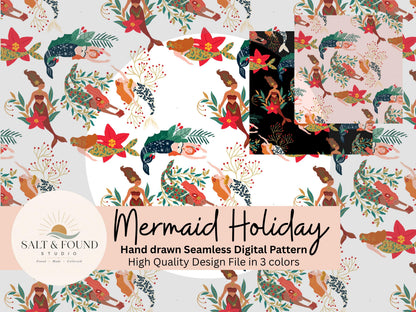 Merry Mermaid Christmas Seamless Pattern