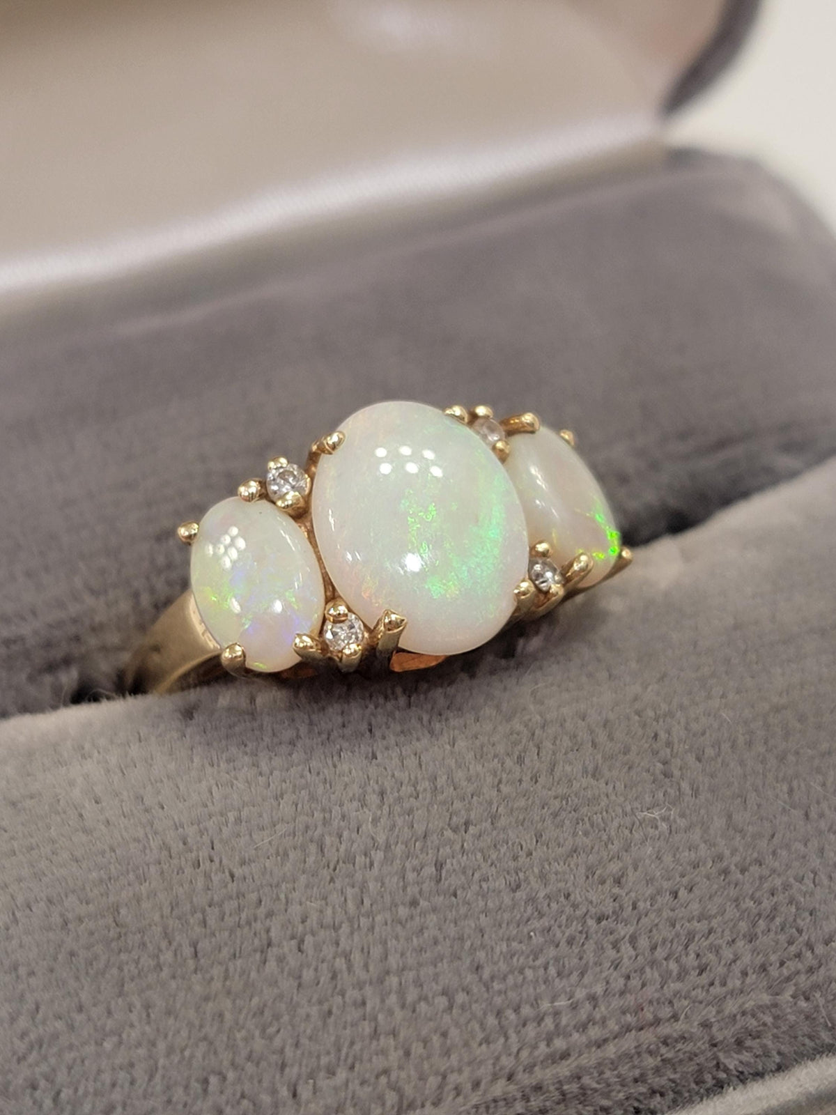 Vintage 14k Gold Opal and Diamond Three Stone Ring