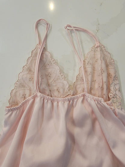 Vintage Pastel Pink Lace Maxi Nightgown - Elegant Empire Waist Slip Dress with Floral Sheer Lace Bust - Coquette Romantic Sleepwear Lingerie